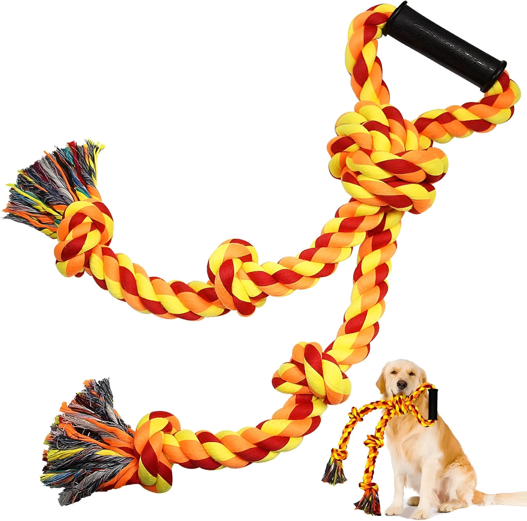 Blue and yellow woven cotton rope dog toy with a handle for large breed tug of war