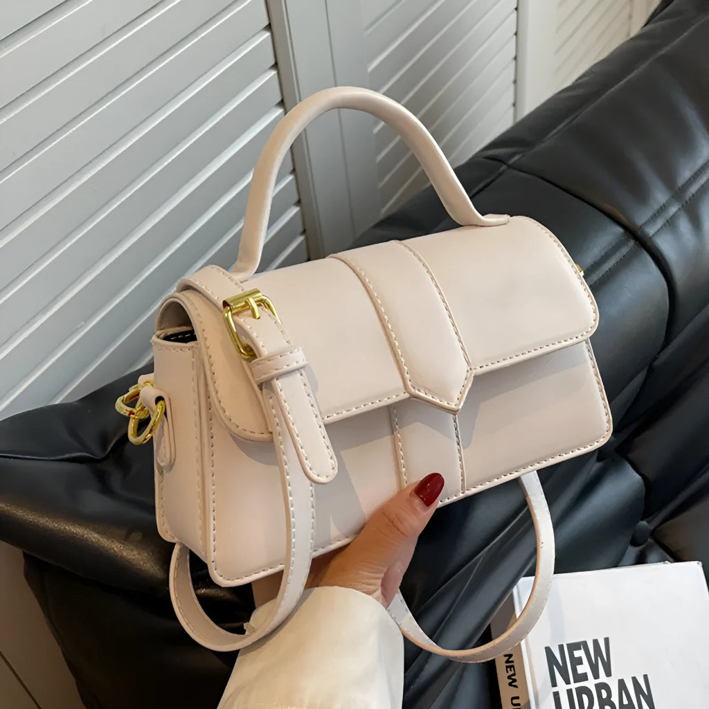 Women's beige PU messenger bag with horizontal square shape and file organiser compartment