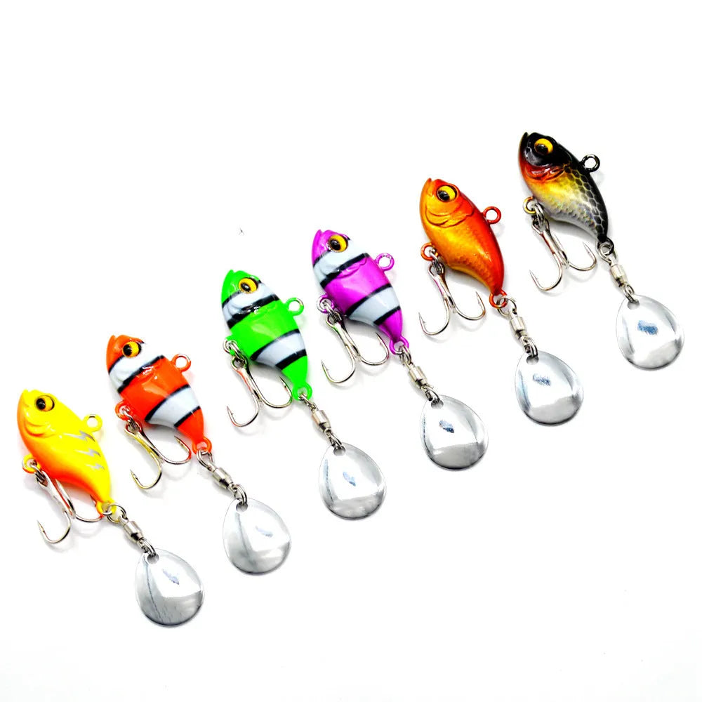 Metal sea fishing spinnerbait lure with rotating sequins showing six colour pattern options