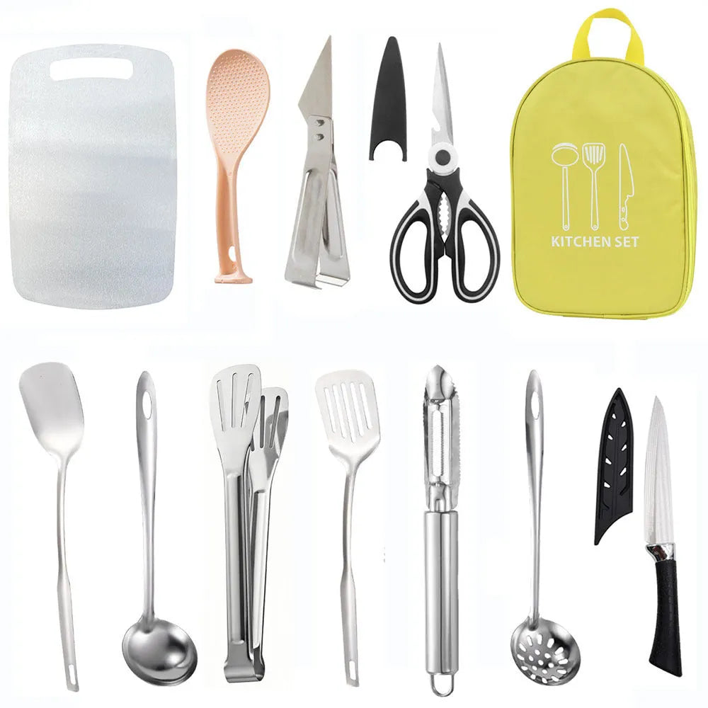 12-piece stainless steel picnic kitchenware set in storage bag for outdoor dining