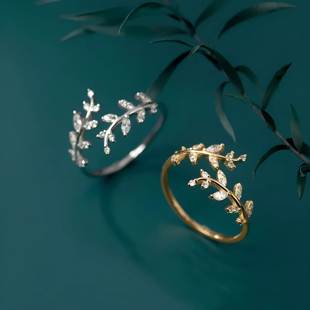 Women's copper electroplated leaf branch fashion ring in gold or silver geometric design