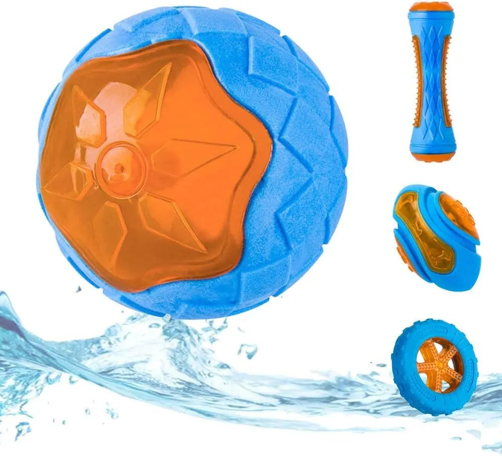 Set of three TPR dog toys: a floating ball, barbell and tyres with bumpy textures for squeaky fetch play.
