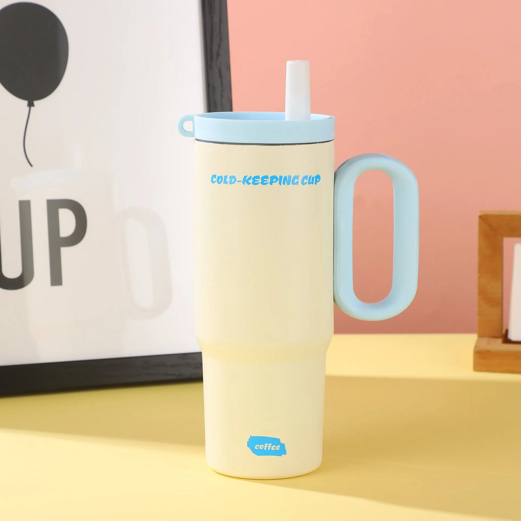 Large portable insulated straw cup with carry handle in choice of colours.
