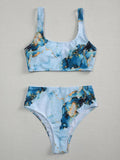 Women's high-waisted bikini set with marble tie-dye print and U-neck top