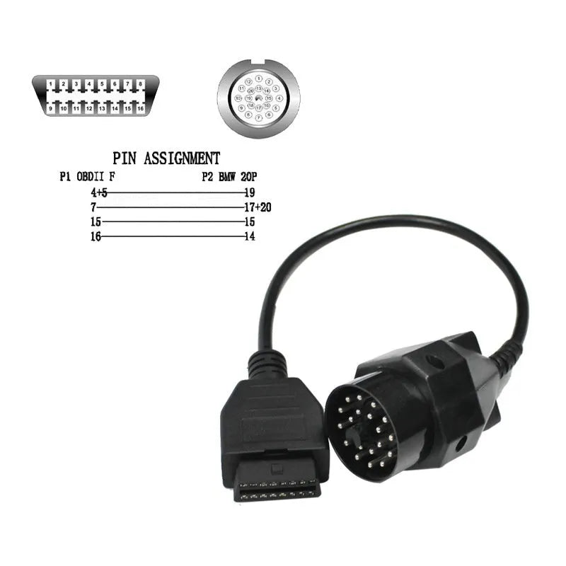 BMW OBD2 diagnostic adapter cable with 20-pin and 16-pin connectors
