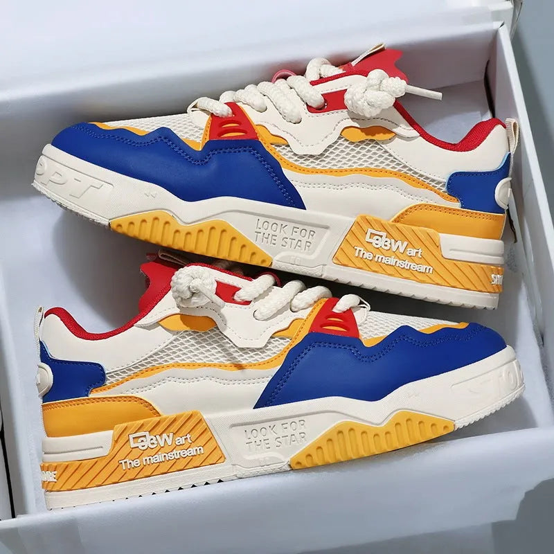 Men's low-top board shoes in white and yellow, white and black, and beige colourways with mesh lining