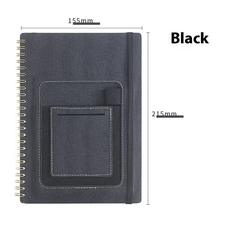 Erasable coil notebook with stone paper, showing a black cover option and a pen on a wooden desk.