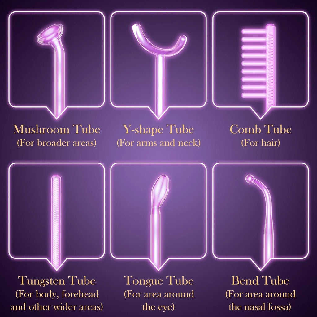 Professional purple high wave electrotherapy rod with six accessory heads for commercial skin treatments.