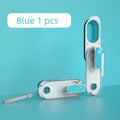 Blue portable dog water bottle with foldable silicone drinking bowl attached, showing screw lid.