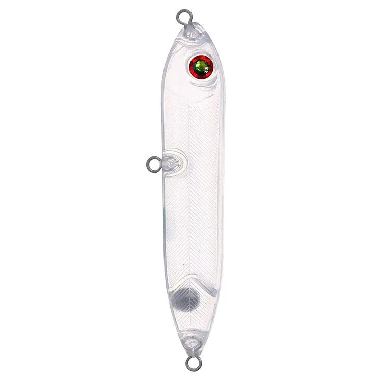 Transparent 9.5cm long blank soft plastic fishing bait body on a white background.