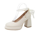 Women's beige Mary Jane shoes with chunky heel, pearl decoration, and ankle-strap buckle
