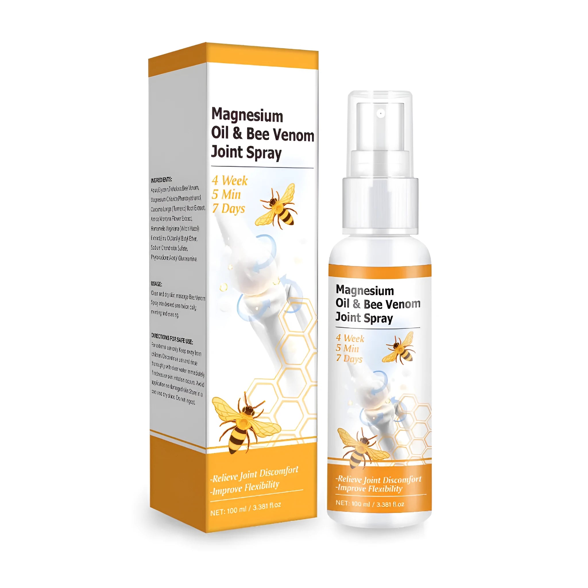 100ml pump bottle of magnesium oil bee joint spray gel with dimensions 152mm x 39mm x 39mm.