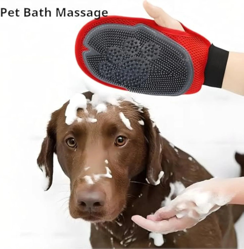 Red pet bathing glove with integrated brush for dog and cat grooming during washing