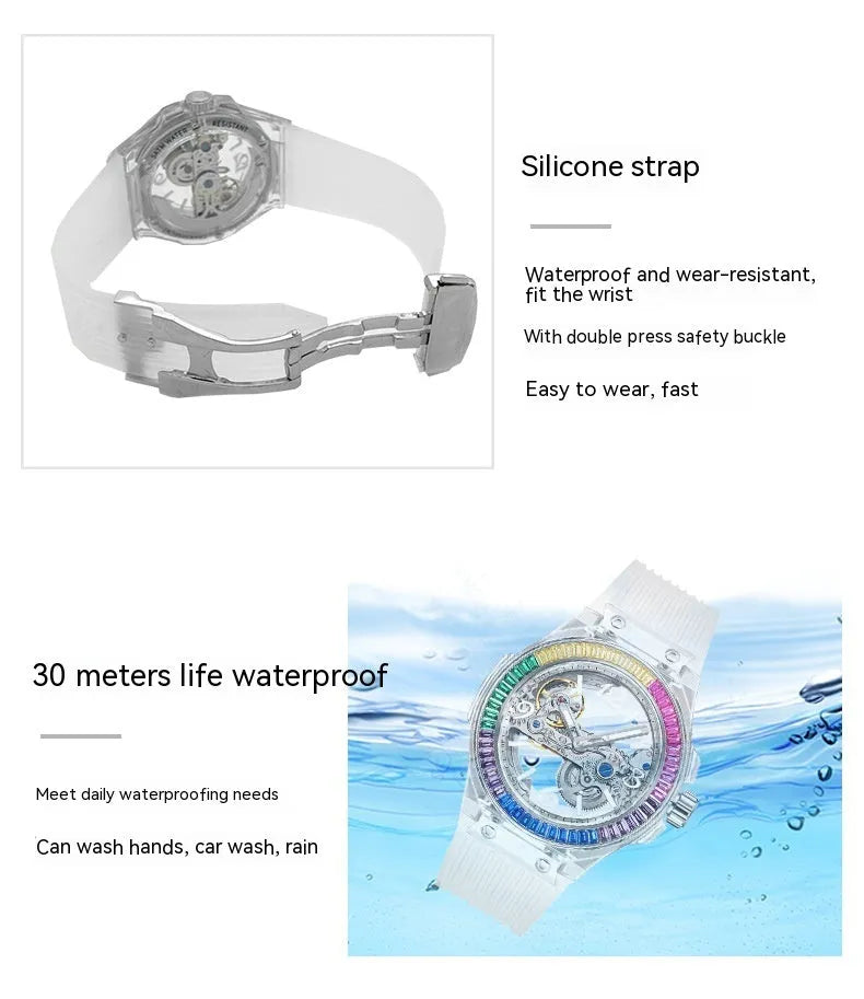 Full-automatic mechanical watch with hollow large dial, transparent surface, 14mm thickness, stainless steel back, white ribbon.