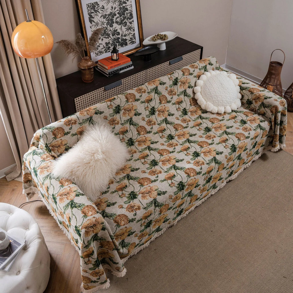 American country style jacquard sofa cover in a thick fabric, shown on a sofa.