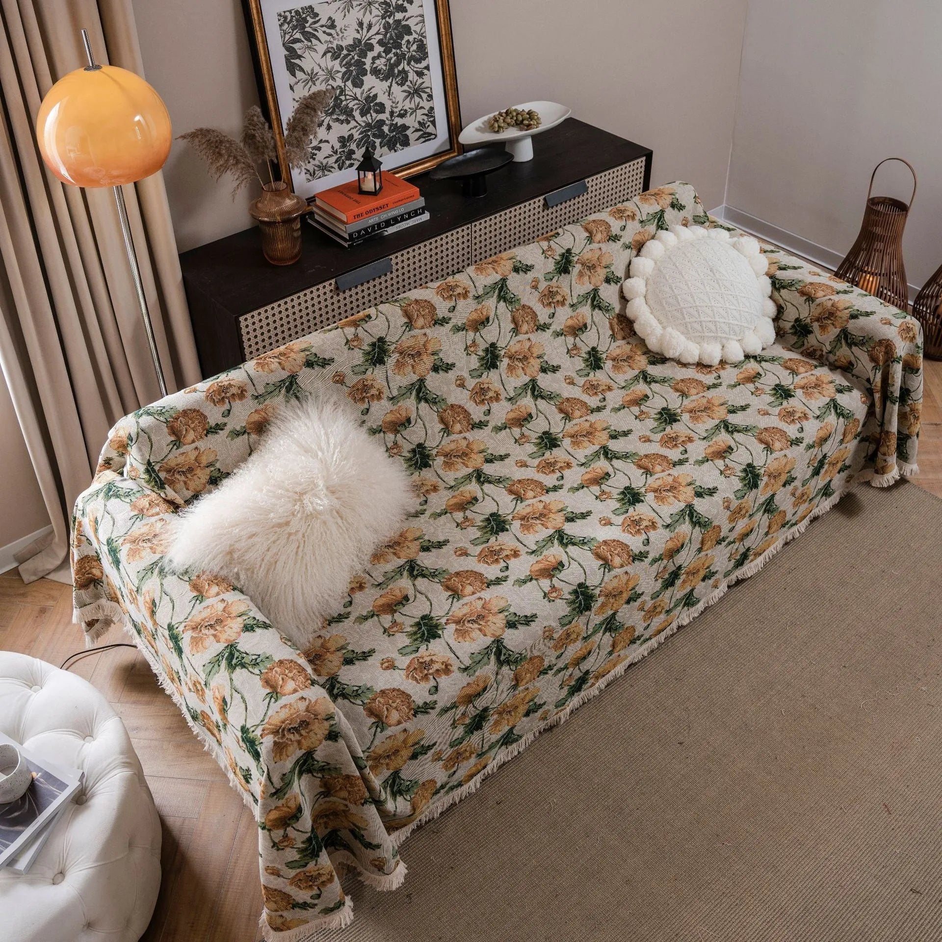 American country style jacquard sofa cover in a thick fabric, shown on a sofa.