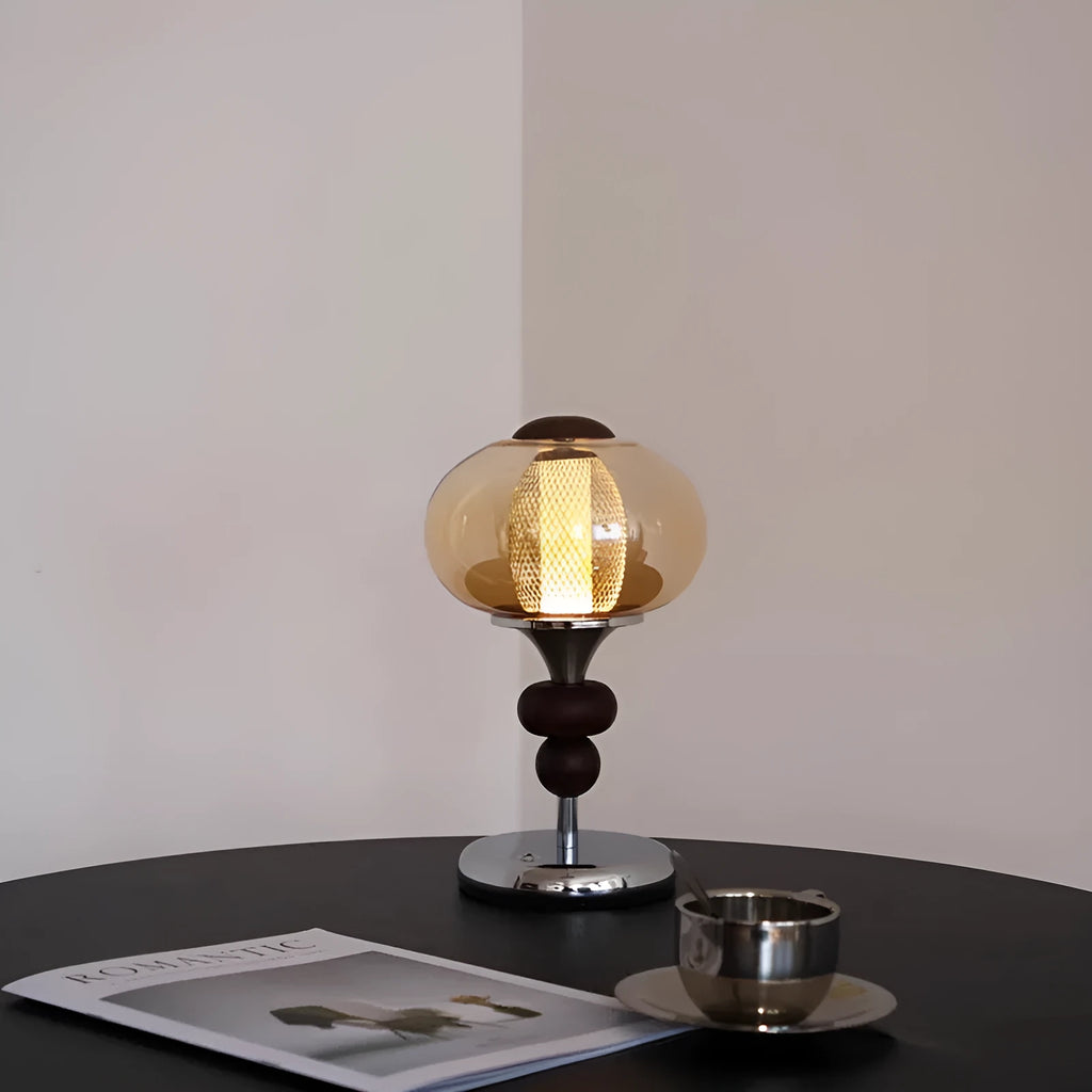 Solid wood retro palace table lamp with USB cable and touch controls on desk.