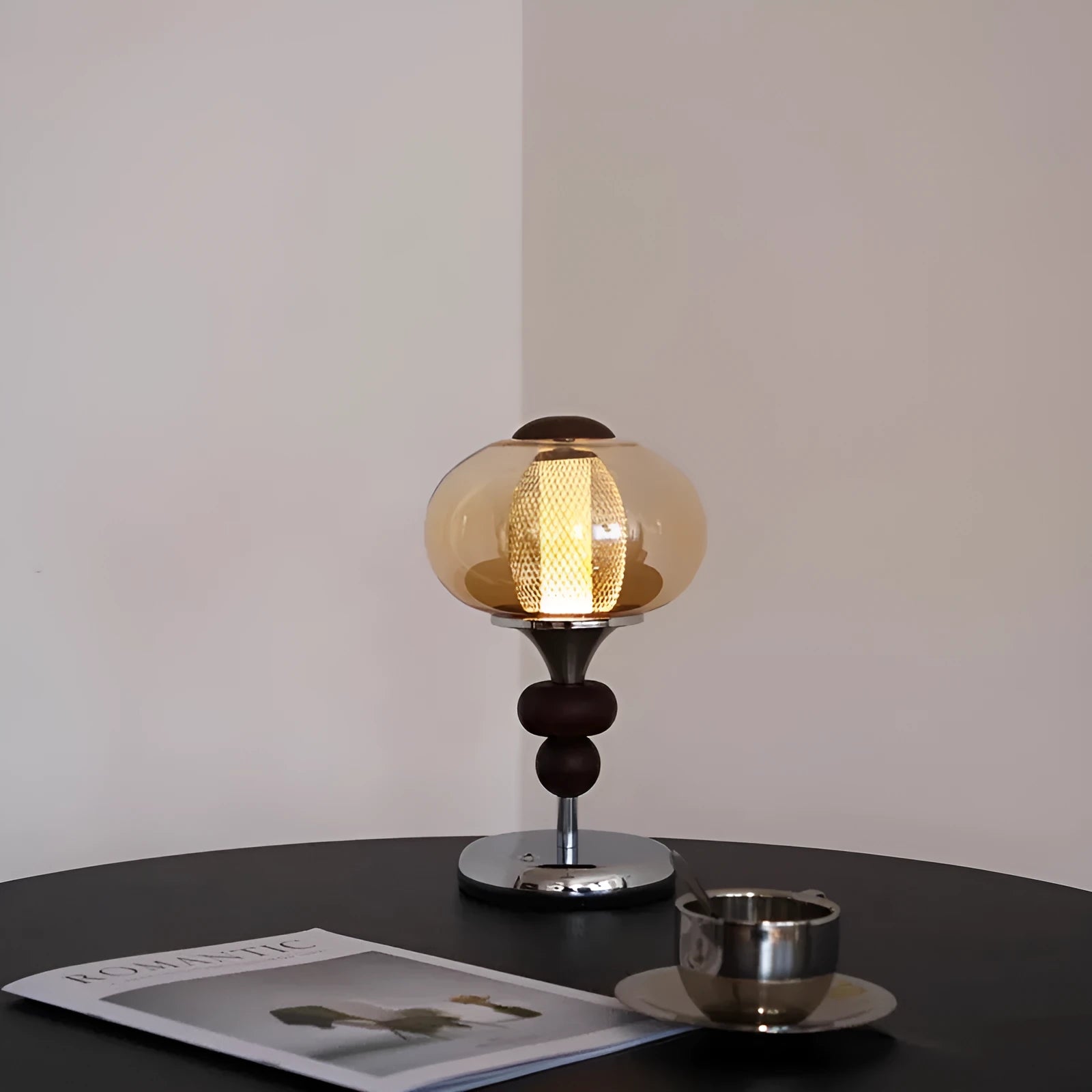 Solid wood retro palace table lamp with USB cable and touch controls on desk.