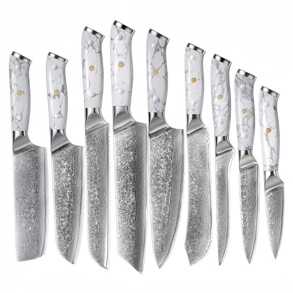Damascus pattern chef's knife with a 21cm VG10 steel blade on a dark background.