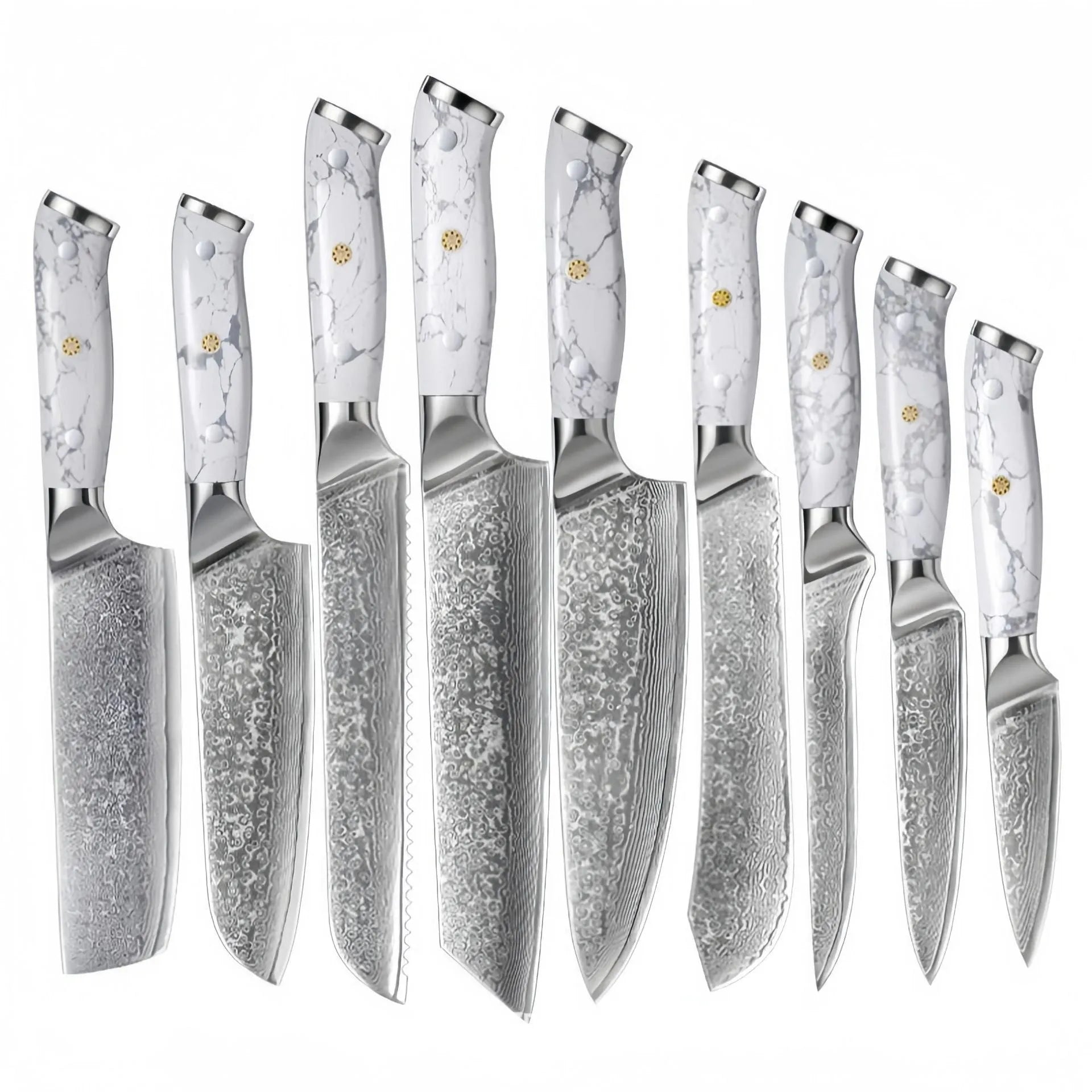 Damascus pattern chef's knife with a 21cm VG10 steel blade on a dark background.