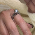 Adjustable opening copper ring with geometric shape and black pearl accents for women