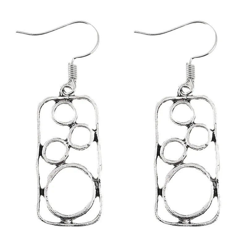 Geometric round ring earrings with irregular square design in antique silver finish