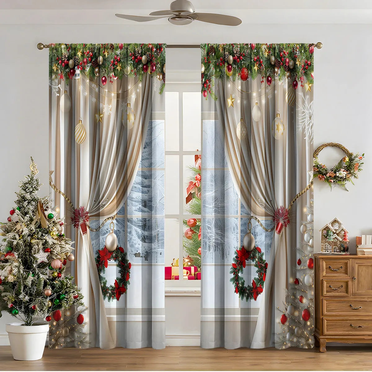 3D digitally printed Christmas curtains in polyester fabric with high sunshade functionality