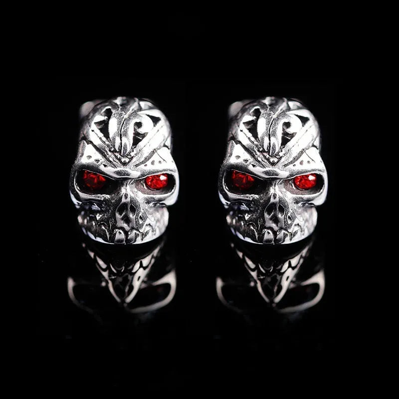 Retro skull stud earrings with red eye ghost head design and gemstone inlay