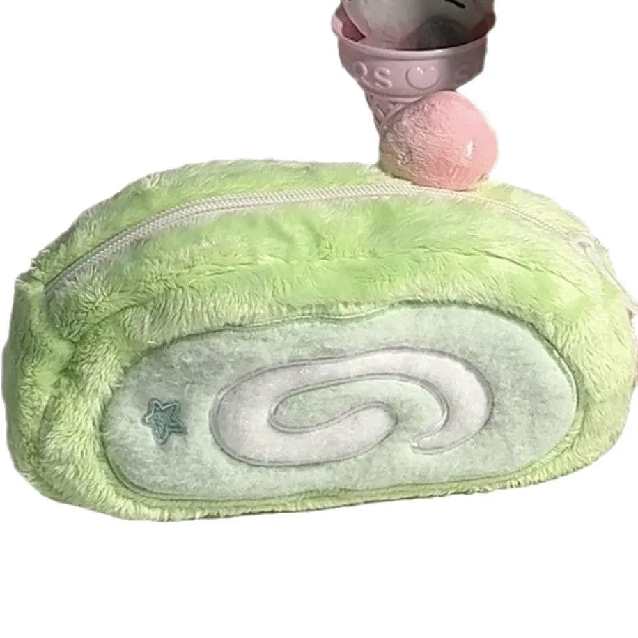 Swiss roll cake design velvet pencil case in Korean style with plush polyester fabric