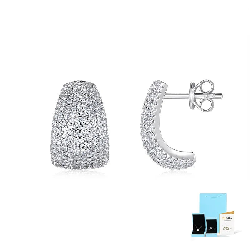 Geometric shaped S925 sterling silver ear studs with moissanite stones, shown with alloy backs.