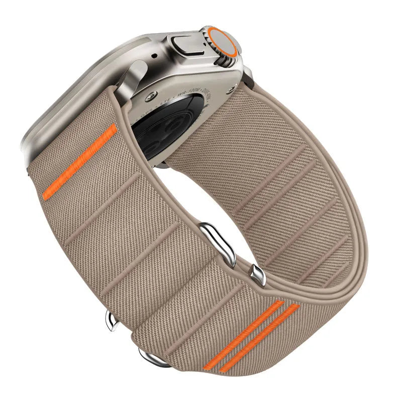 Elastic nylon watchband with stainless steel buckle for Apple Watch in multiple colour options.