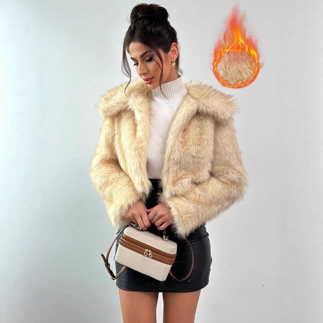 Artificial fox fur coat with fur collar in multiple colour options showing plush texture and winter styling
