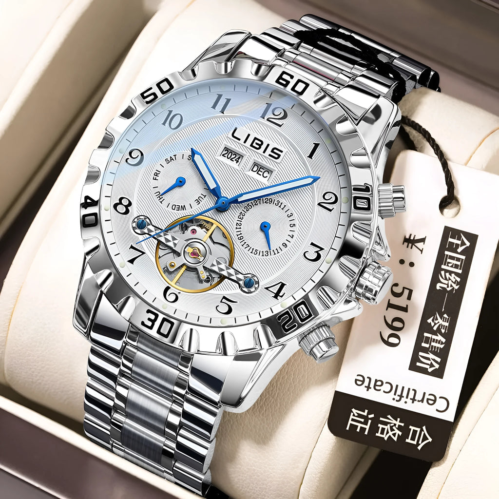 Men's silver automatic perpetual calendar watch with stainless steel strap