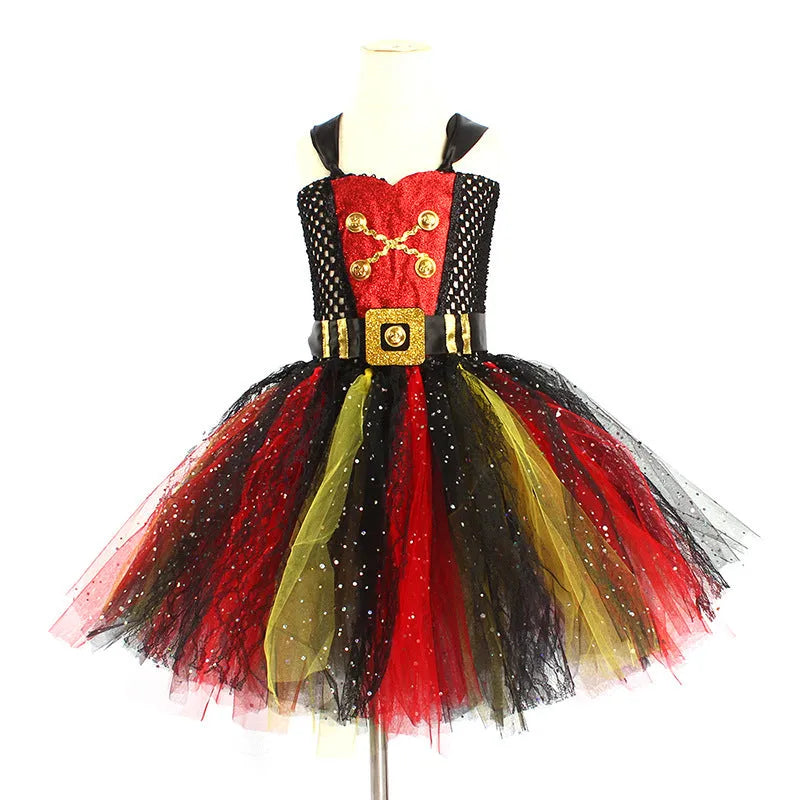 Girl's sleeveless Pirates of the Caribbean Halloween costume dress with sequins and mesh detail.