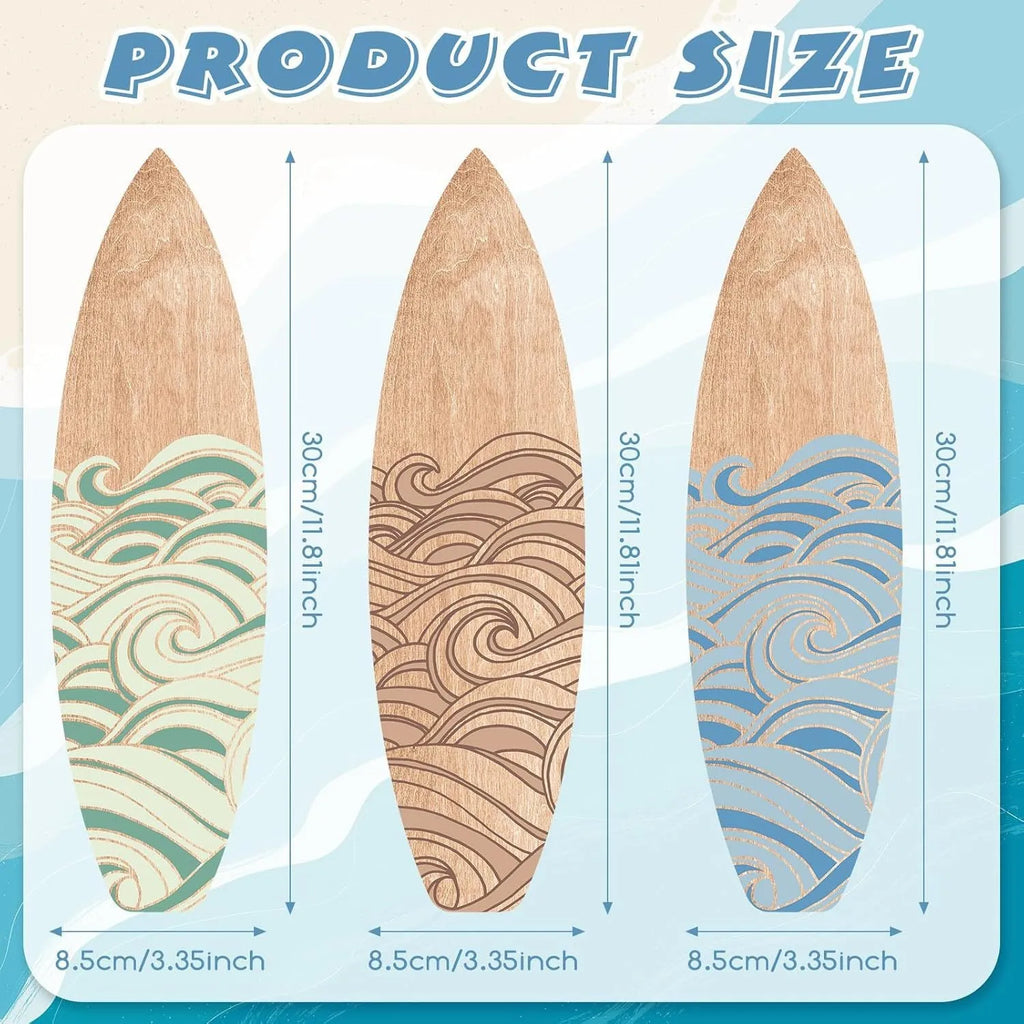 Three identical wooden surfboard wall decorations with natural wood finish