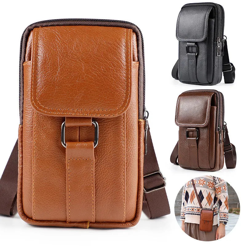 Men's genuine leather crossbody waist bag in black with lock detail and vertical square shape