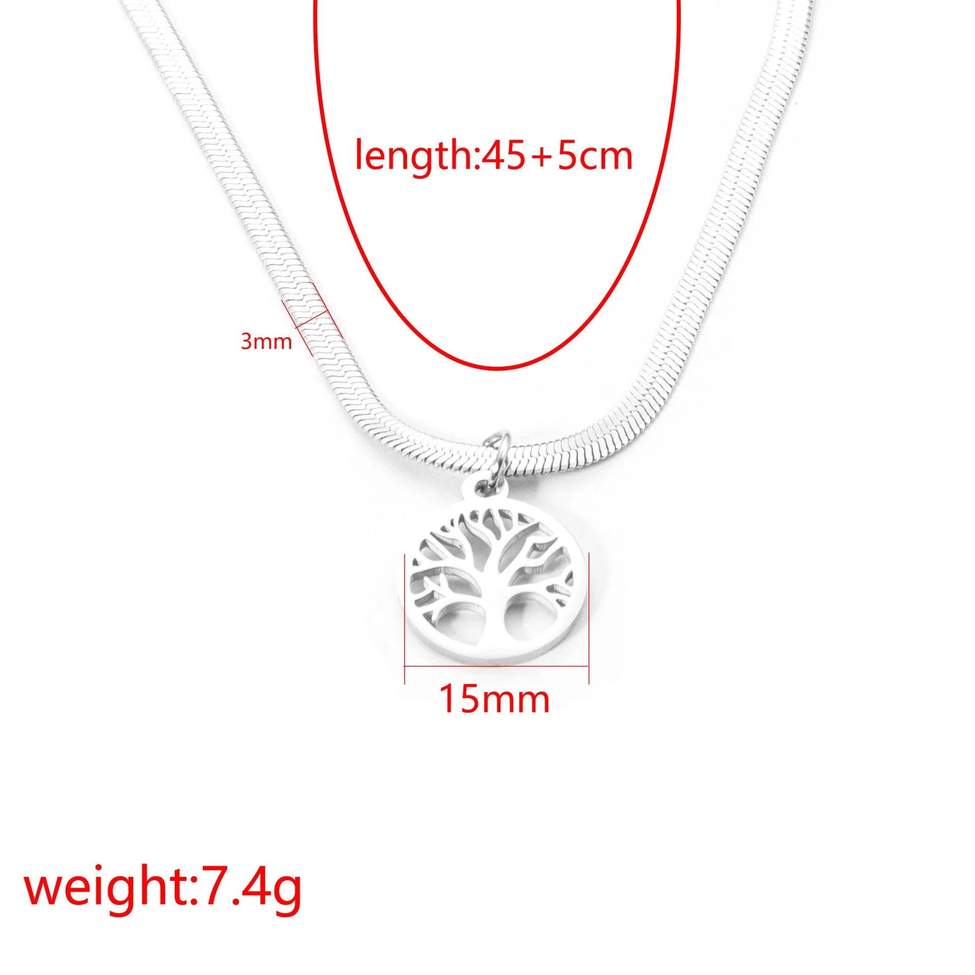 Stainless steel necklace with tree pendant on snake bone chain in gold colour option