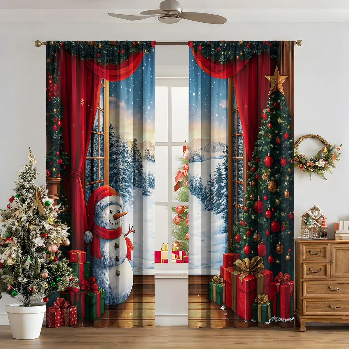 3D digitally printed Christmas curtains in polyester fabric with high sunshade functionality