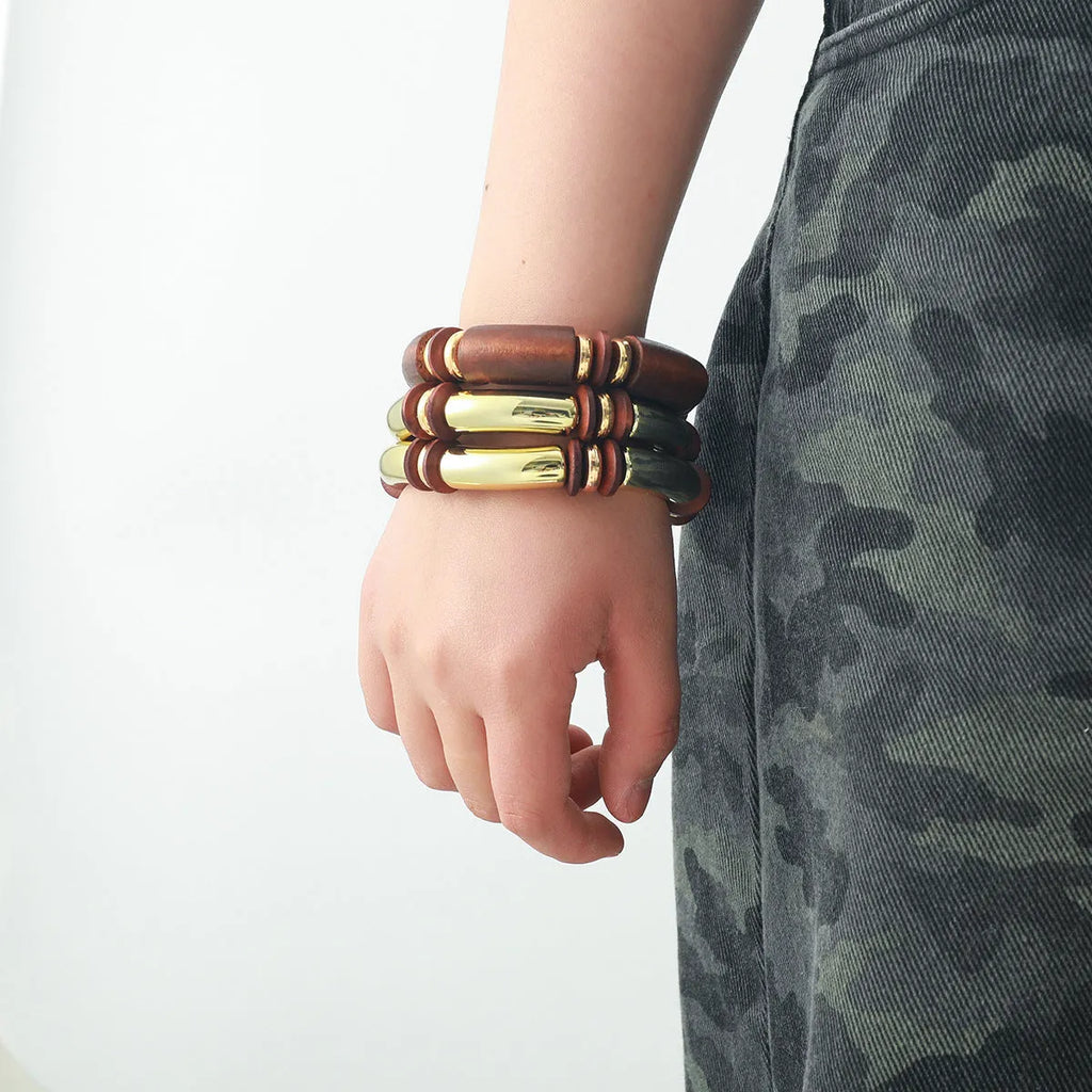 European exaggerated style multi-layer wooden necklace and bracelet set with alloy chain