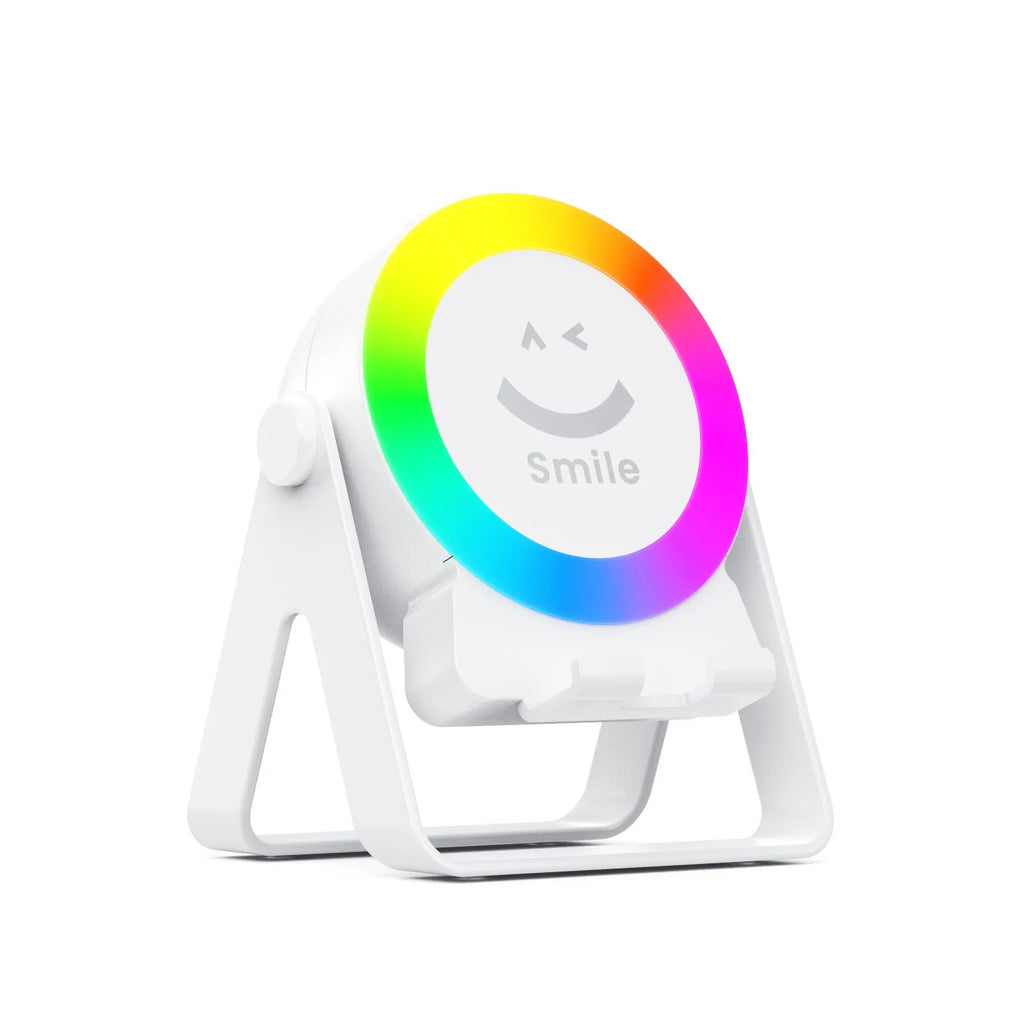 Black and white rechargeable Bluetooth speaker with induction bracket and colourful LED lighting