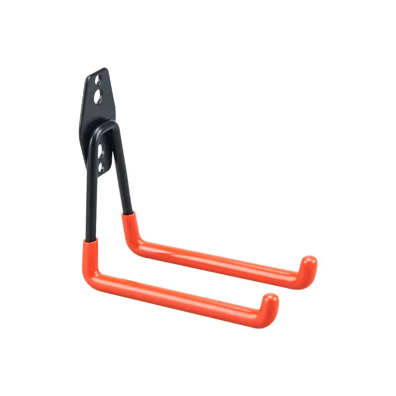 Bright orange carbon steel storage hooks for wire wrap board organisation, shown with mounting screws.