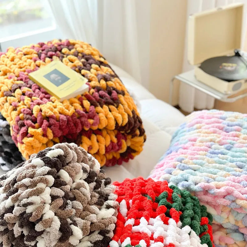 Striped chenille cover blanket showing handmade ice bar dye technique in a choice of four colours.