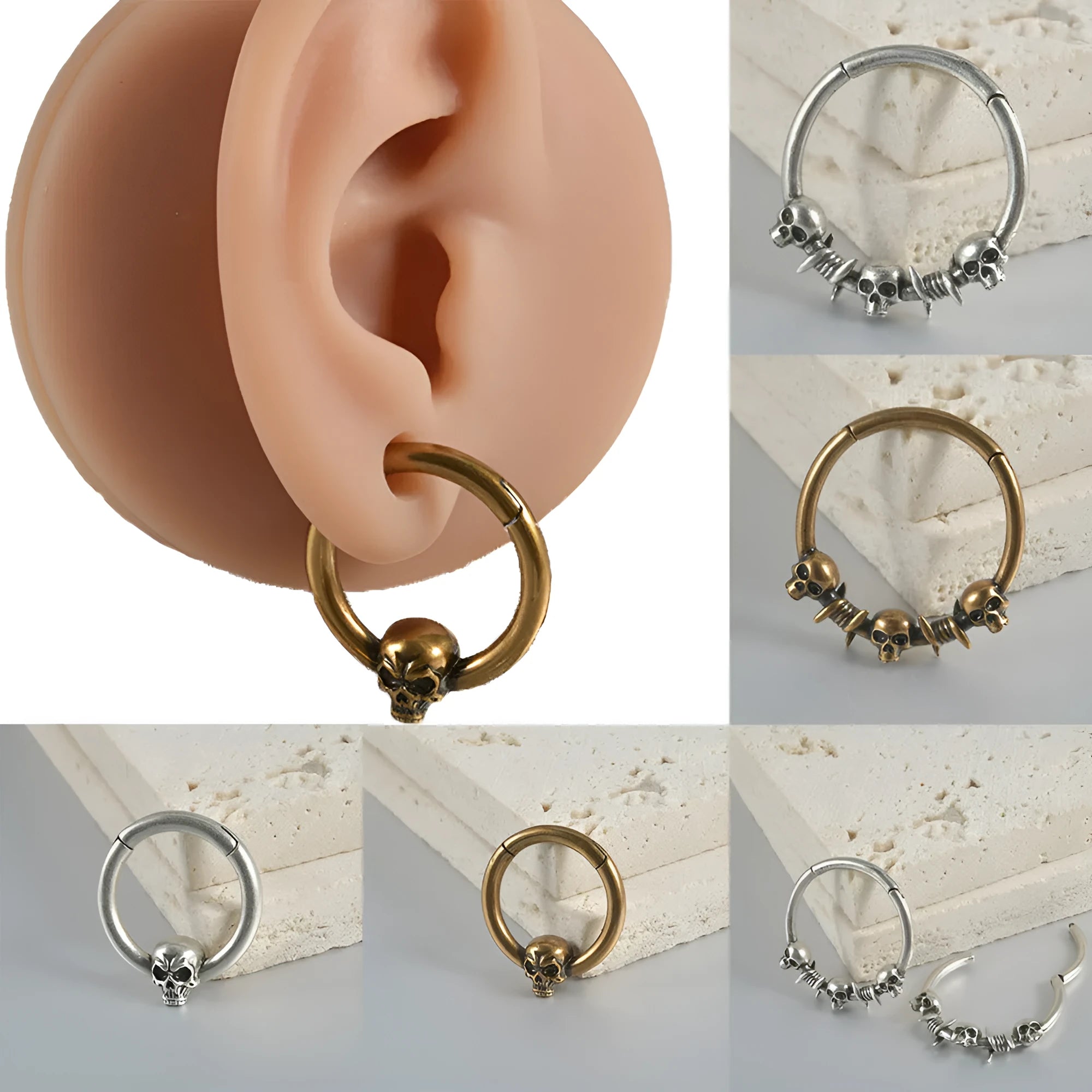 Vintage copper earring with antique ghost head punk design in gold or silver finish