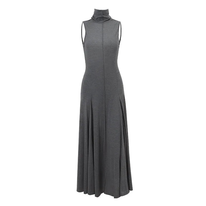 Women's grey cotton backless dress with half turtleneck collar and high waist