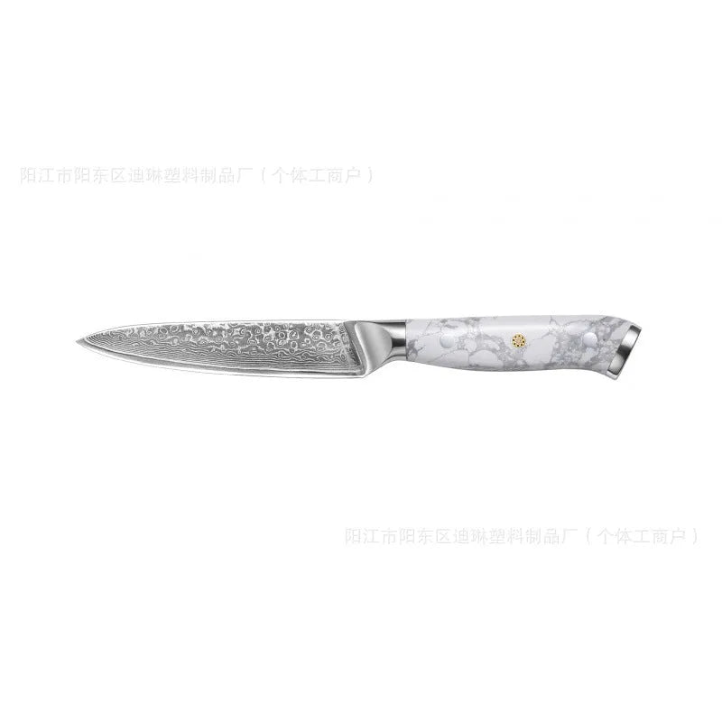 Damascus pattern chef's knife with a 21cm VG10 steel blade on a dark background.