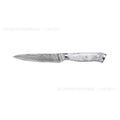 Damascus pattern chef's knife with a 21cm VG10 steel blade on a dark background.