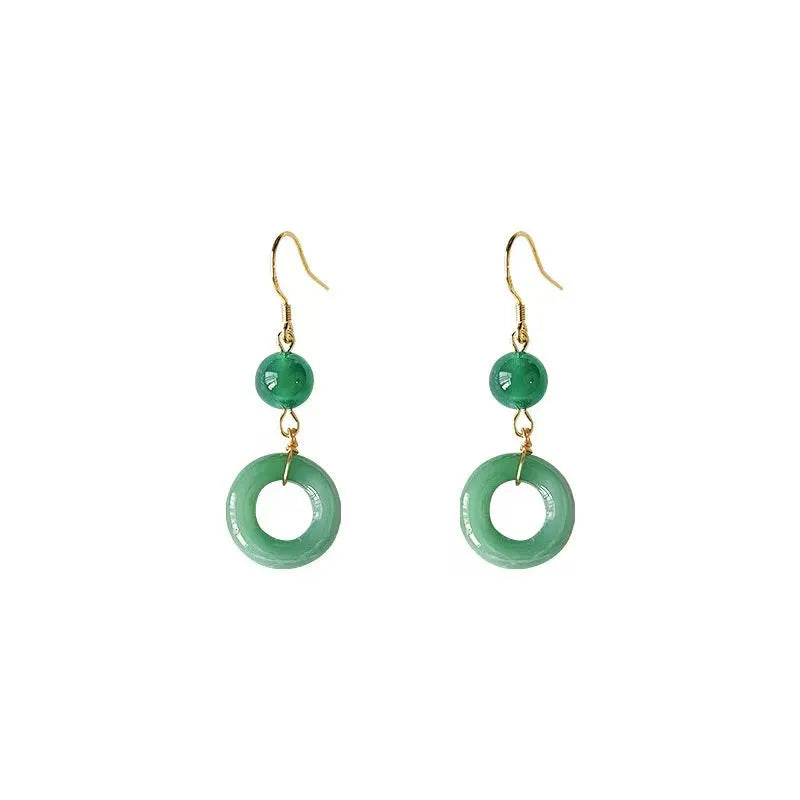 Pair of Chinese style geometric peace buckle earrings with green jade colour and gold plating