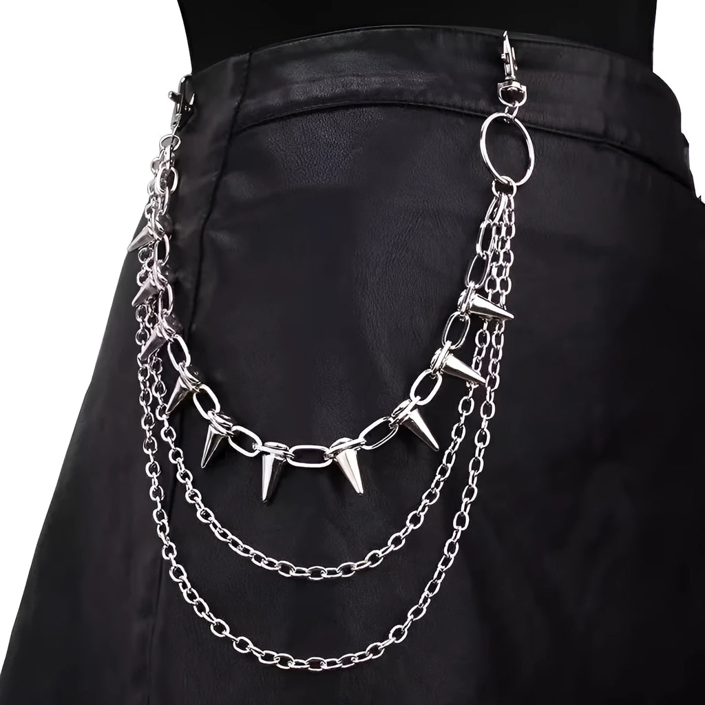 Silver double layer punk pants chain with rivets and zipper ornament, 115cm alloy hip hop accessory for women