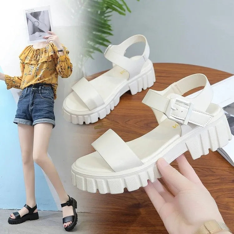 Women's beige peep toe ankle-strap buckle platform sandals with a fish mouth toe holder on a white background.