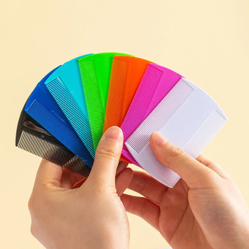 Fine-toothed double-edged plastic comb for flea and lice removal in various colours